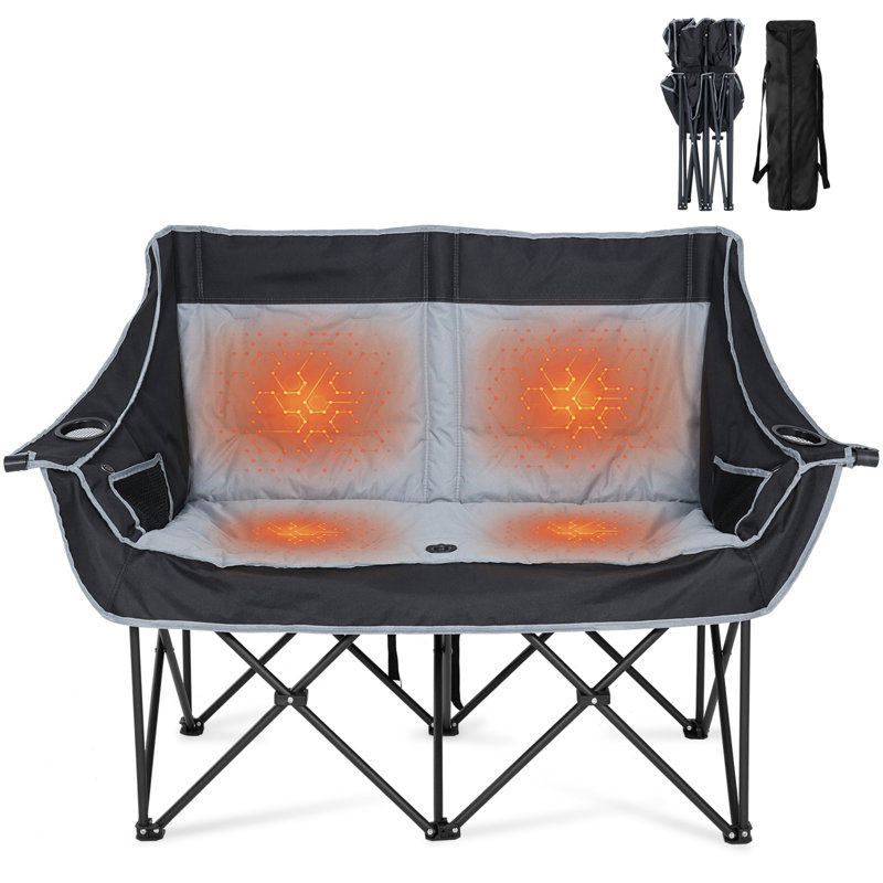 Oversized Heated Double Camping Chair, Folding, Adjustable Temperature, Carrying Bag, Black/Gray