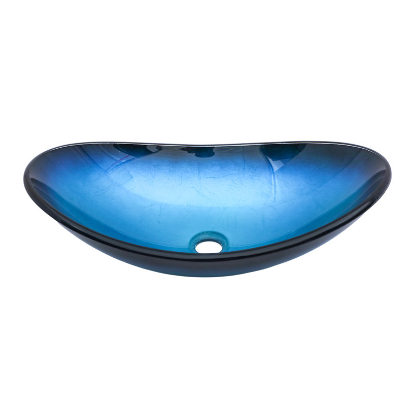 Tempered Glass Vessel Bathroom Sink With Pop-Up Drain, Blue Boat Shape Above Counter Basin | Gift Idea