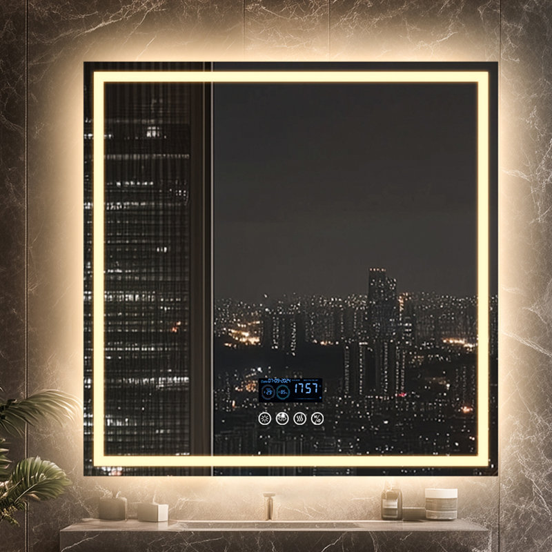 LED Lighted Wall Bathroom Mirror Dimming with Bluetooth Speaker, Front-lit and Backlight, Defog, 80 cm H x 80 cm W