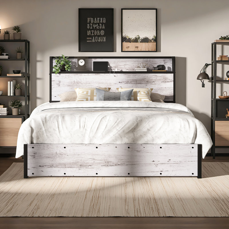 Base de lit double avec base de rangement relevable Tryston, blanc, Lit double, Blanc