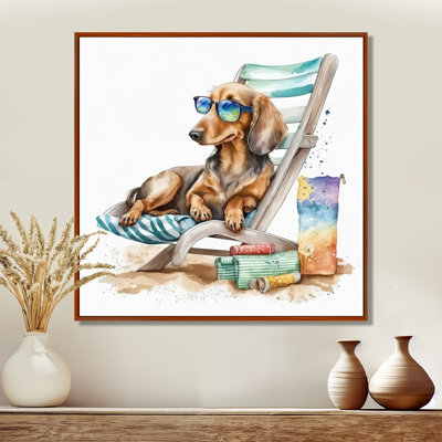 Chien se prélassant sur la plage avec des lunettes de soleil IV - reproduction d'art sur toile