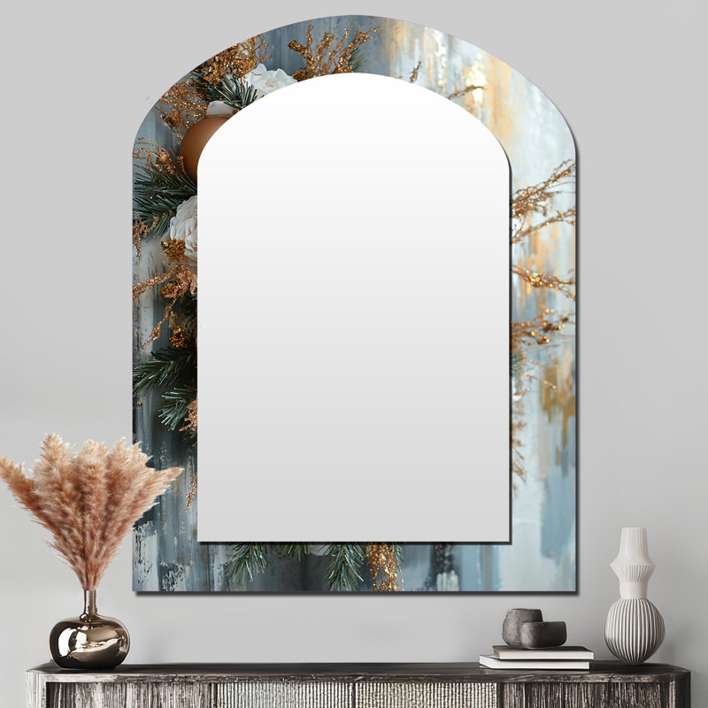 Noël dans des tons dorés et verts - miroir arqué de Noël, miroir mural asymétrique doré unique, impression d'art en métal