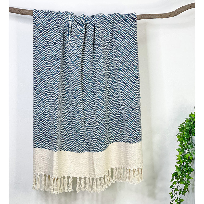 Ivory and Teal Blue Cotton Peacock Throw Blanket with Fringe