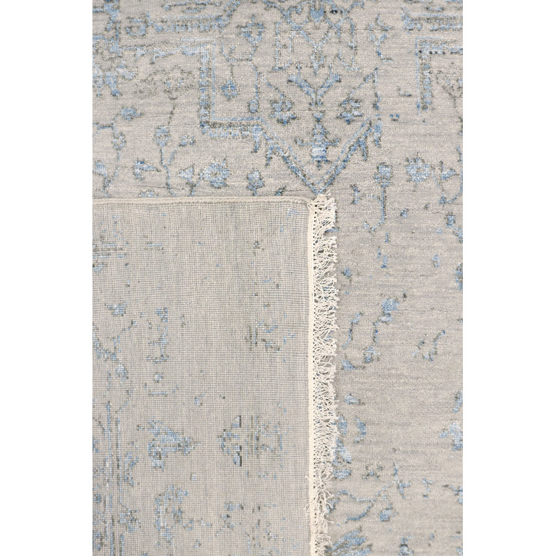 Tapis rectangulaire bleu transitionnel en laine / soie / rayonne de bambou noué à la main, Rectangle 5 pi 11 po x 9 pi