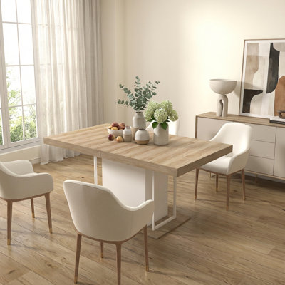 Modern Farmhouse Extendable Rectangular Dining Table for 6 to 10 People, Solid Wood Kitchen Conference Desk with Extension Leaf