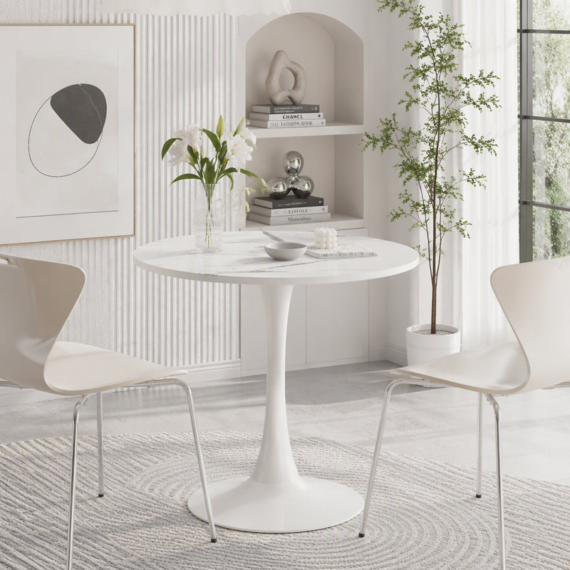 Table ronde moderne à motif de marbre, 23.6"W, White Marble