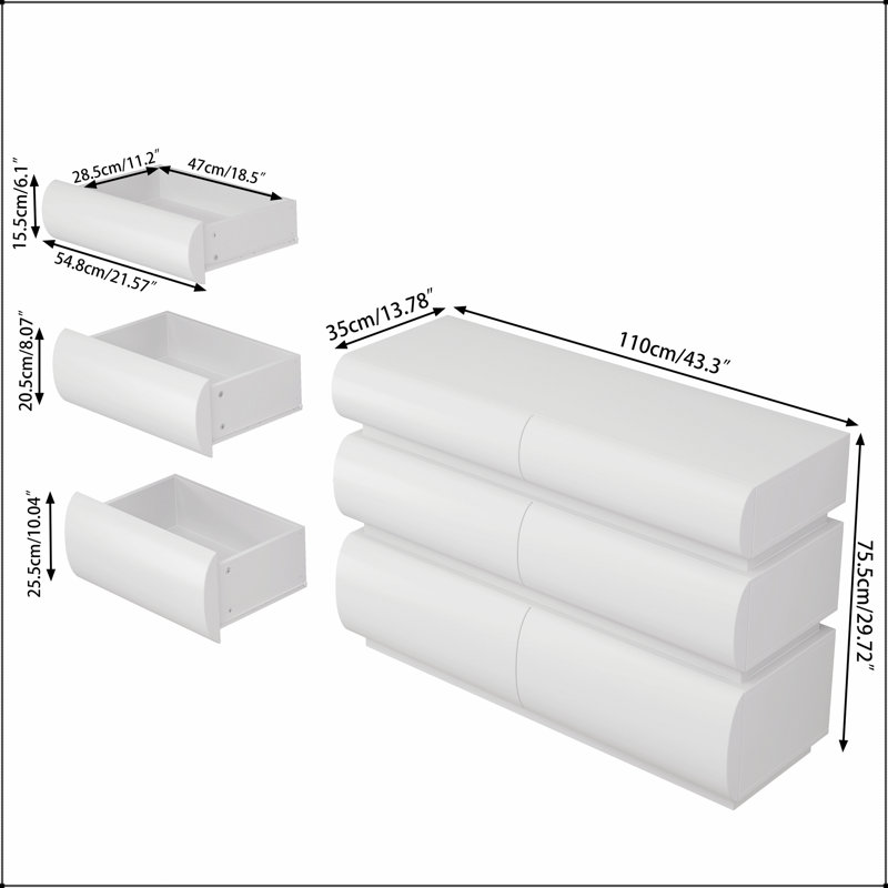 Commode élégante à 6 tiroirs avec un design sans poignée, un grand rangement pour l'organisation de la chambre à coucher et un attrait esthétique
