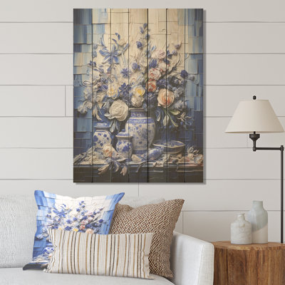Fleur de bohème bleue et blanche III - poterie bohème sur bois