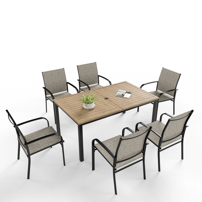 6 - Person Metal Patio Dining Set With Rectangular Table, Brown