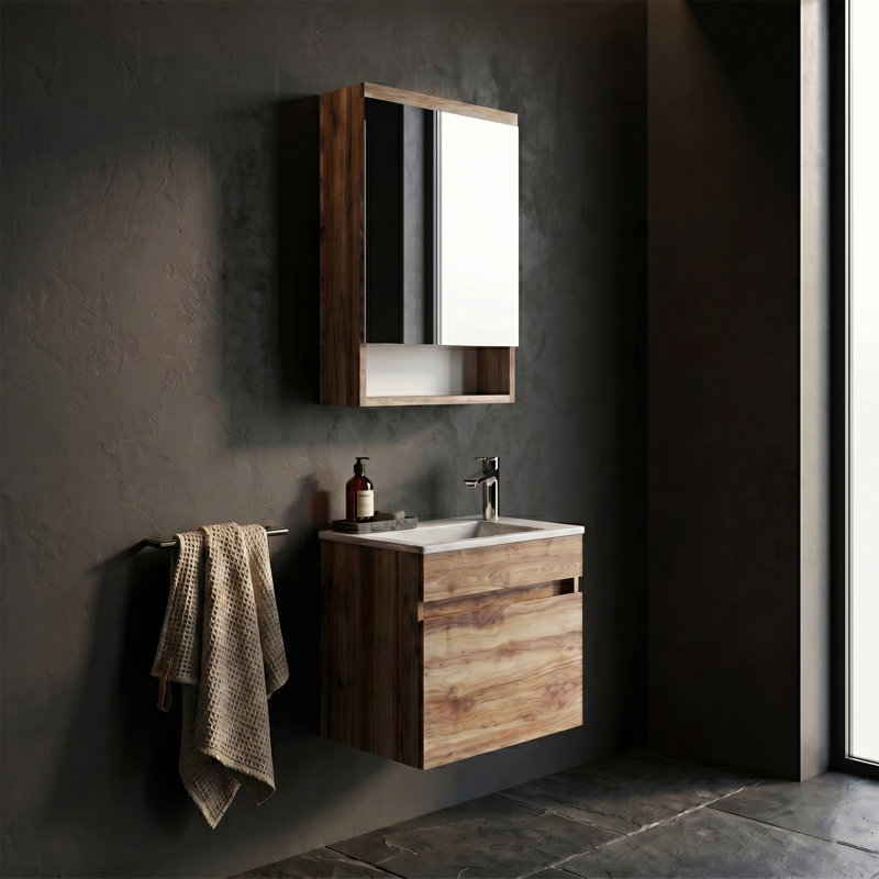 Ensemble de meuble-lavabo flottant simple avec armoire à pharmacie Alastair, Pine