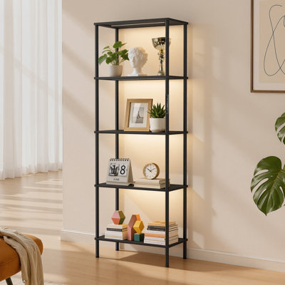 Large Columnar Bookcase with Five Shelves and Integrated Dimmable LED Lighting – Black