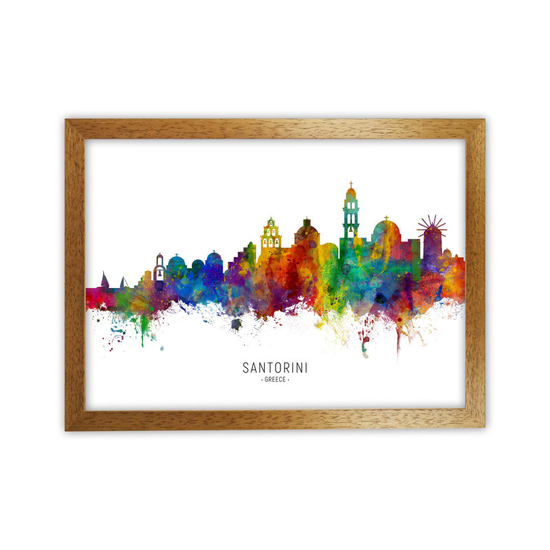 Santorini Greece Skyline by Michael Tompsett - Print, Brown Framed, 64cm H x 88cm W x 3cm D