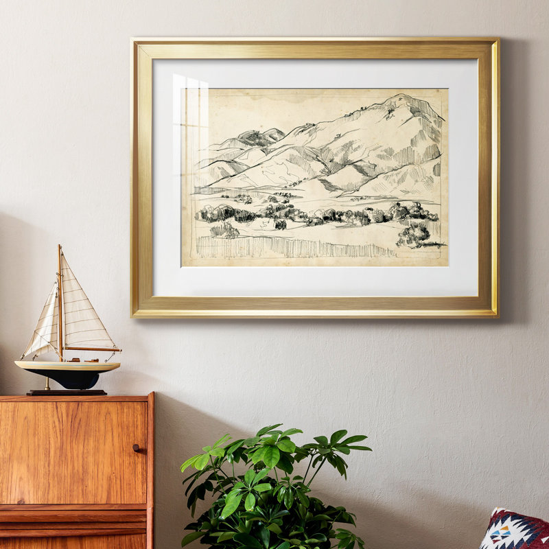 Croquis de montagne I, H 26,5 po x l 36,5 po x P 1 po, Papier avec cadre doré, Blanc