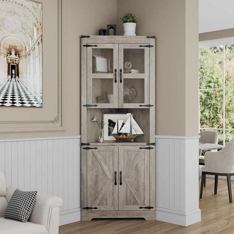 69" Tall Triangle Corner Cabinet with Glass Doors & Open Shelf, 6-Tier Space Saver Storage for Bathroom, Living Room, Kitchen, Hallway