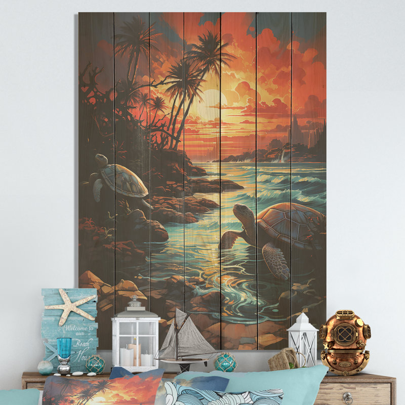 Dreamy Tropical Sunset Turtle Beach II - Tortue sur bois, H 44 po x l 34 po
