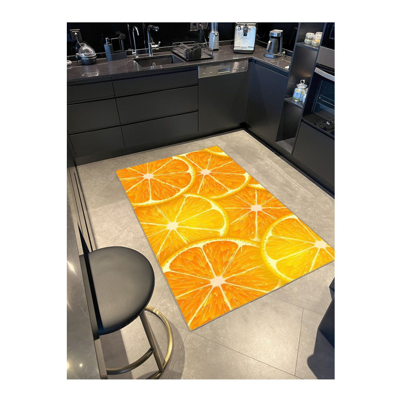 Yellow Tangerine Patterned Woven Base Washable Rug, Square 3'11" Rug Pad Included