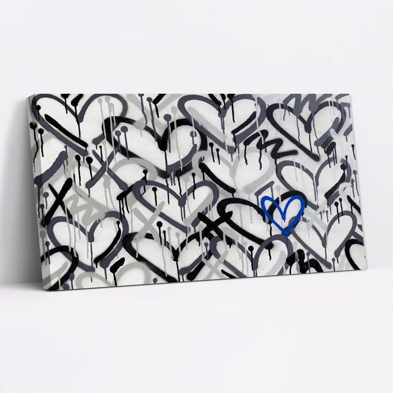 Cœurs graffiti noirs et gris sur toile bleue, L 32 po x H 16 po