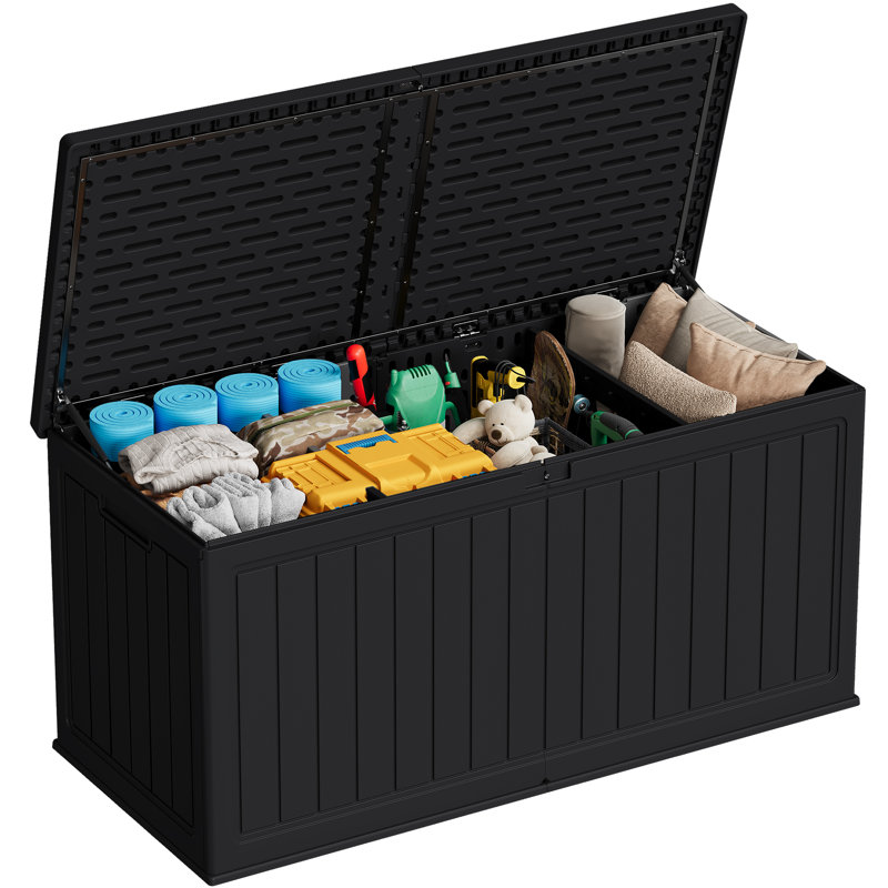 260 Gallons Outdoor Resin Lockable Deck Box With Removable Divider, Black
