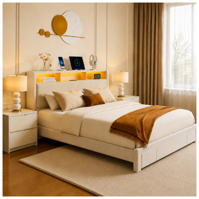 Full-size upholstered bed with drawers, featuring an upholstered storage headboard, heavy metal crossbar support, LED and USB charging, silent design, beige (mattress not included)