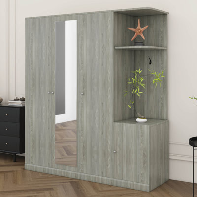 Armoire 4 portes avec miroir pleine longueur, armoire en bois avec tiroirs, tablettes et tringles