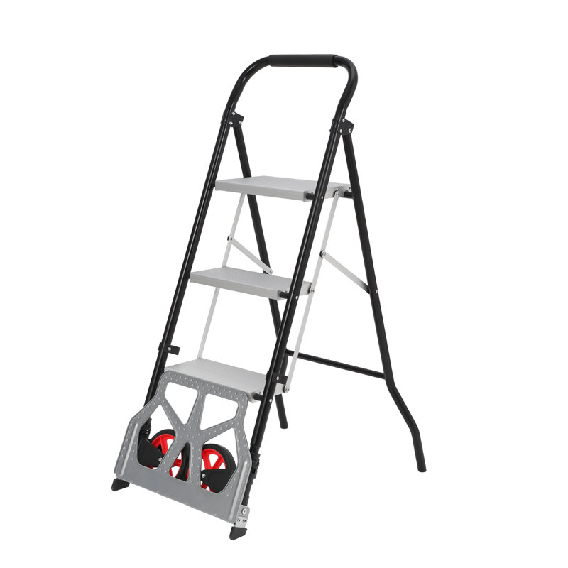 2-in-1 Stair Climbing Folding Hand Truck & 3-Step Ladder, 100kg Capacity with 2 Wheels, Extra Wide Non-Slip Pedal for Home and Garden