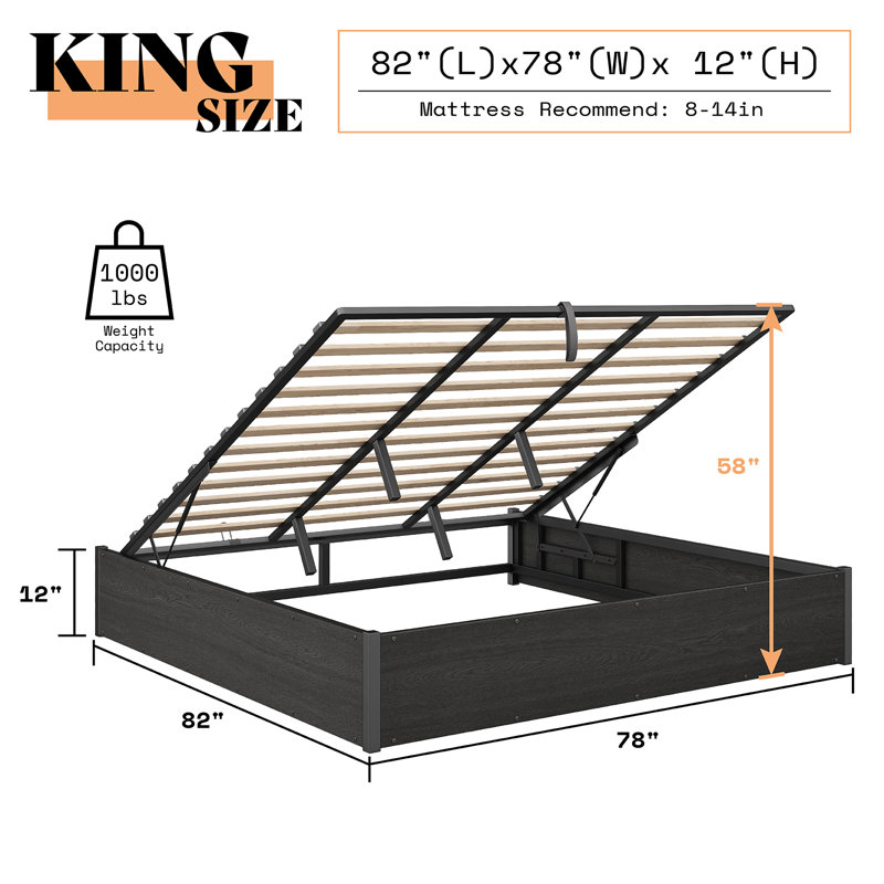 Shila Lift Up Storage Bed, Black, King
