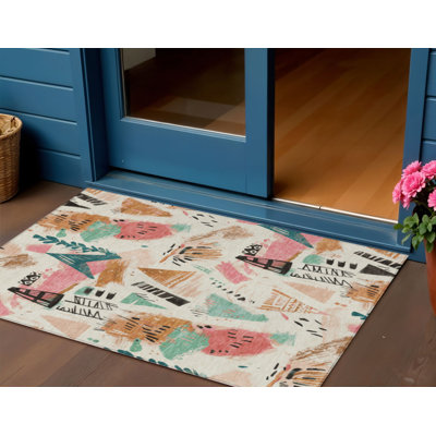 Tapis intérieur lavable abstrait 3 pi x 5 pi ivoire et bleu sarcelle
