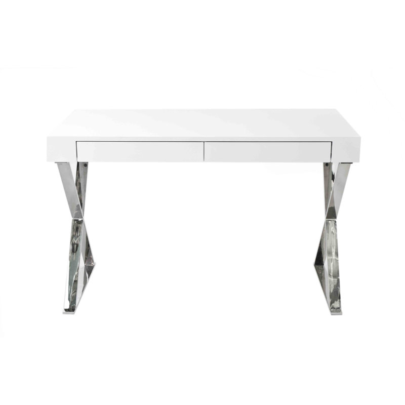 Alexa Contemporary White Lacquer Writing Desk with Polished Steel/Metal X-Base and 2 Drawers, White/Silver