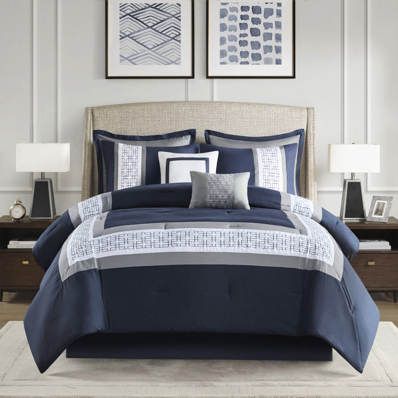 King Embroidered Comforter Ensemble 8Pc - Sophisticated Style, 8 Piece Transitional Decorative Pillows, Navy