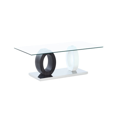 Table basse en papier blanc / gris avec plateau en verre et détails en grain de bois, base argentée, forme solide et assemblage, 46,26 po Profondeur, largeur de 23,07 po, hauteur de 16,27 po et poids de 62,49 lb