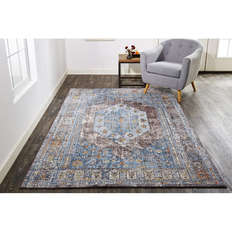 Lorentzen Oriental Machine Made Power Loom Polyester Indoor Area Rug in Azure Blue, Rectangle 8' x 10'