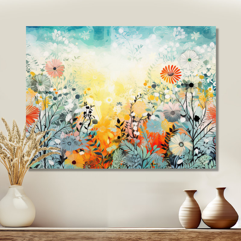 Art mural rétro avec fleurs printanières vibrantes - fleurs sauvages, Toile tendue, H 16 po x l 32 po x P 1 po