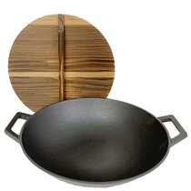 WANGYUANJI Cast Iron Wok Pan 14.2 Large Wok Stir Fry Pan Flat Bottom Wok  with Lid and Wood Handle,Suitable for All Cooktops, Uncoated Craft Wok