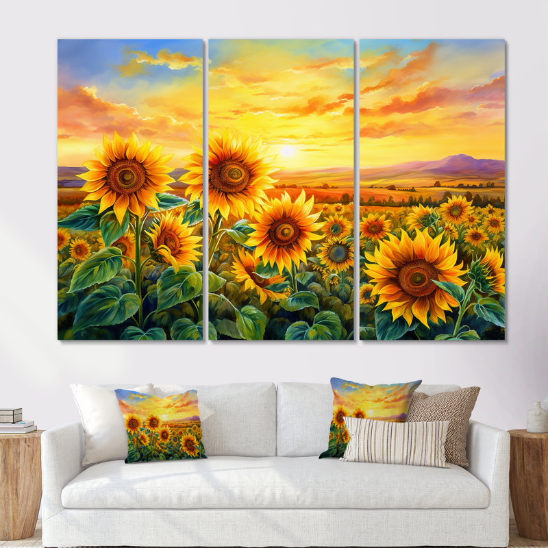 «Sunflowers Burning Sunset» - ensemble d'art mural toile tournesols, Toile tendue, H 28 po x l 36 po x P 1 po