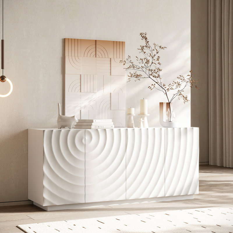 Rangement moderne à 4 portes en bois de pin blanc, largeur 59 po, design sculptural 3D, pour buffet de salle à manger, porte, bois, eau, autoportant