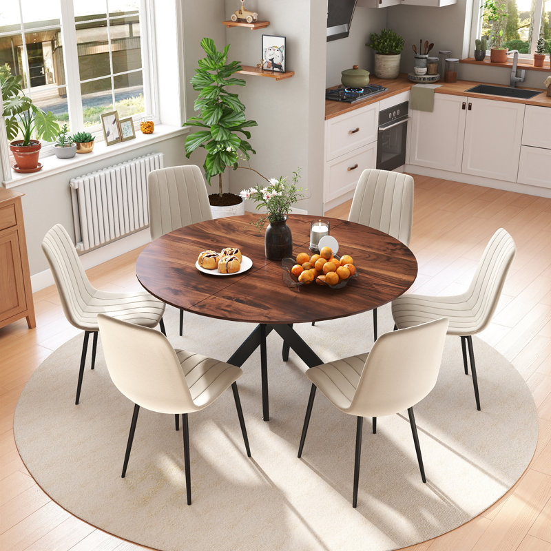 47in Round Dining Table Set, Beige, 7, Brown