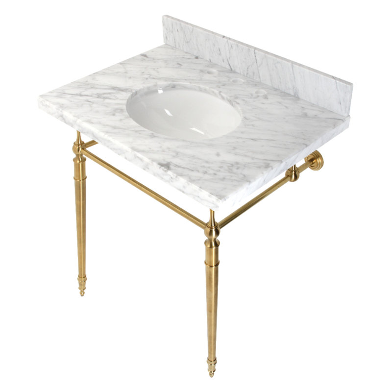 Lavabo de salle de bain ovale à console avec trop-plein, Marbre blanc / laiton brossé