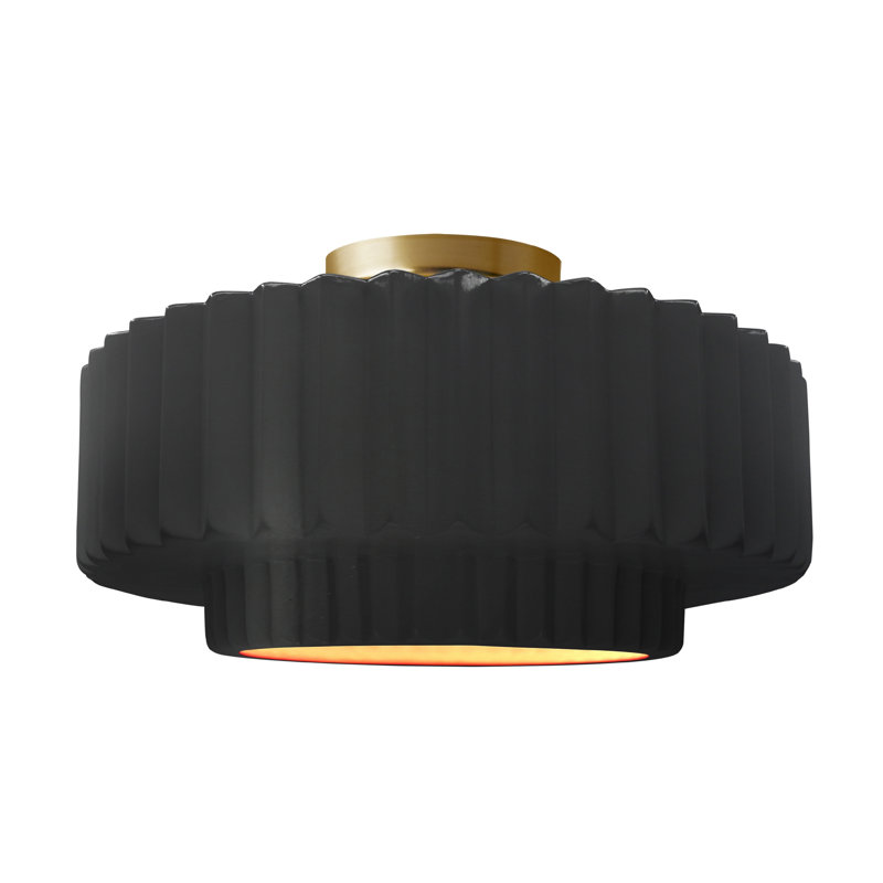 Radiance Ceramic Pleated Semi-Flush Mount, 8" H x 16.5" W x 16.5" D, Carbon Matte Black/Champagne Gold, Brushed Brass
