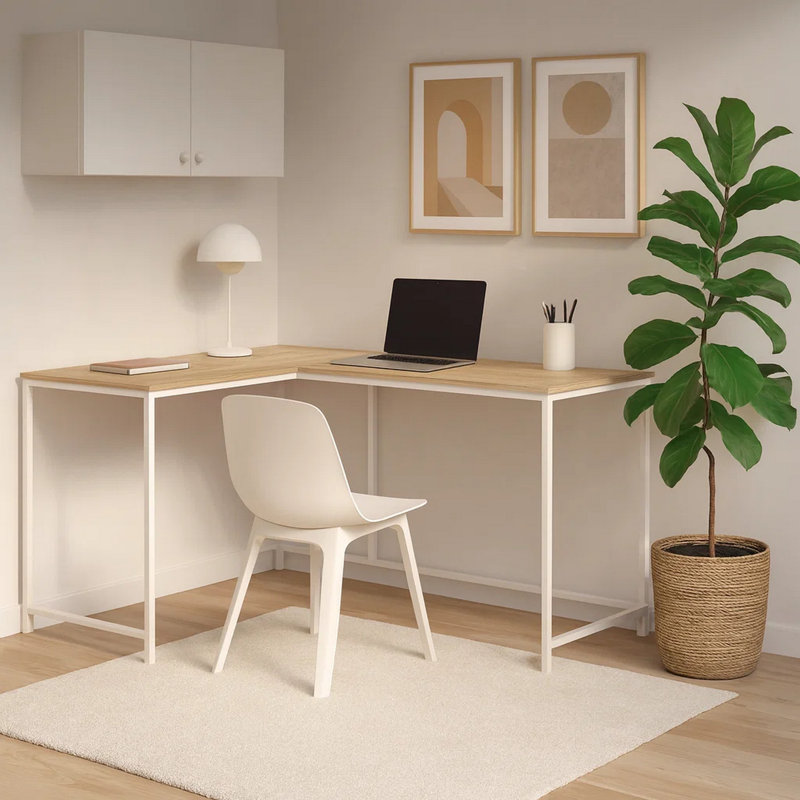 Computer Desk, Home Office, Corner, 58"l, L Shape, Work, Laptop, Laminate, Metal, Contemporary, Modern, Natural/White
