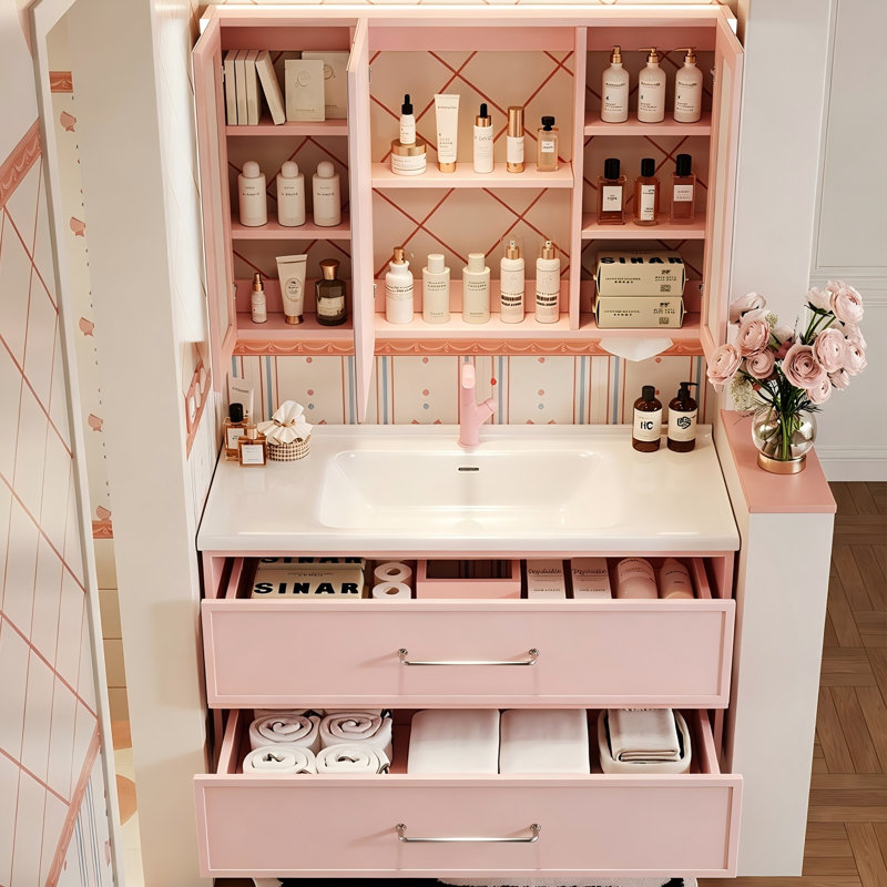 Meuble-lavabo mural rose moderne Dopamine avec lavabo en céramique intégrée et armoire à miroir intelligente