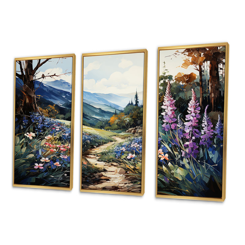 Blue Bonnets Mountain Landscape - Ensemble de décorations murales fleurs, Cadre flottant doré, H 28 po x l 36 po x P 1 po