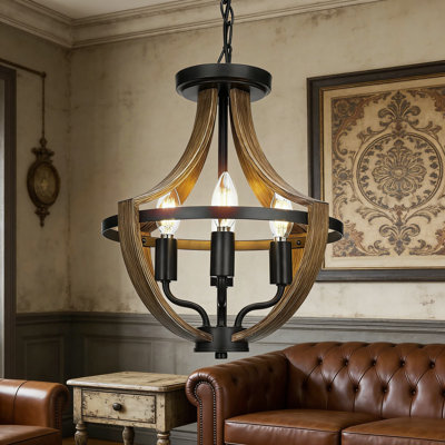 Modern Farmhouse Flush Mount Ceiling Light Fixture, Convertible 4-Light Chandelier With Rustic Wood Grain Finish For Kitchen Island, Dining Room, Hallway, Foyer, And Bedroom