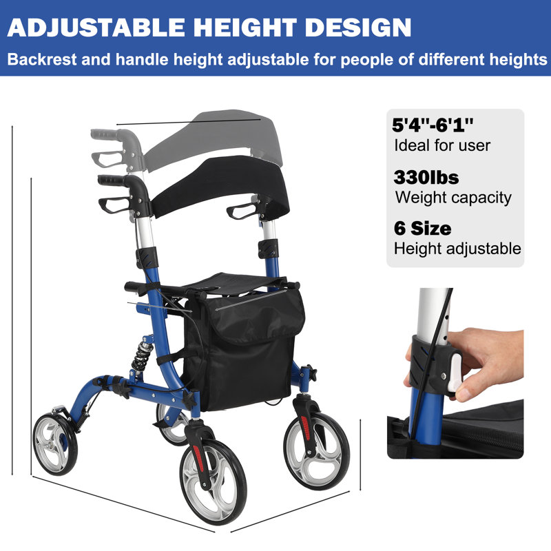 Déambulateur roulant tout terrain pour personnes âgées avec siège, déambulateur pliable en aluminium léger à hauteur réglable pour adultes