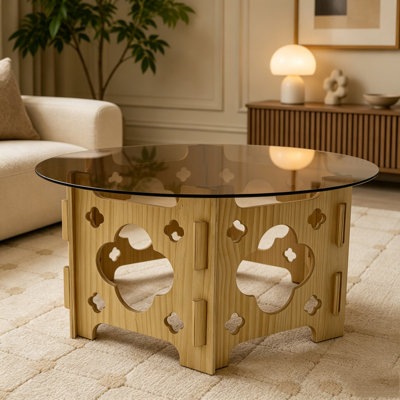 Coffee Table with Caramel Tempered Glass Top, Hollow Carved Wood Base Farmhouse Cocktail Center Tea Table