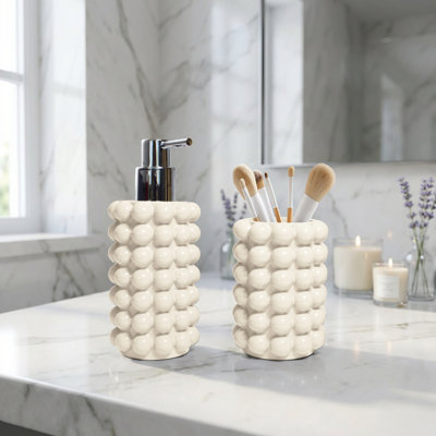 Bricen Bubble Textured 2-Piece Bathroom Accessories Set, Resin Soap Dispenser & Tumbler Cup for Bathroom Countertop, Ivory