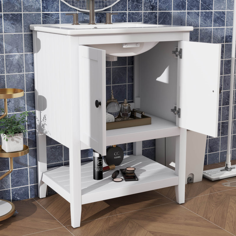 Meuble-lavabo 24 po avec lavabo en céramique, armoire avec tablette réglable et espace de rangement ouvert
