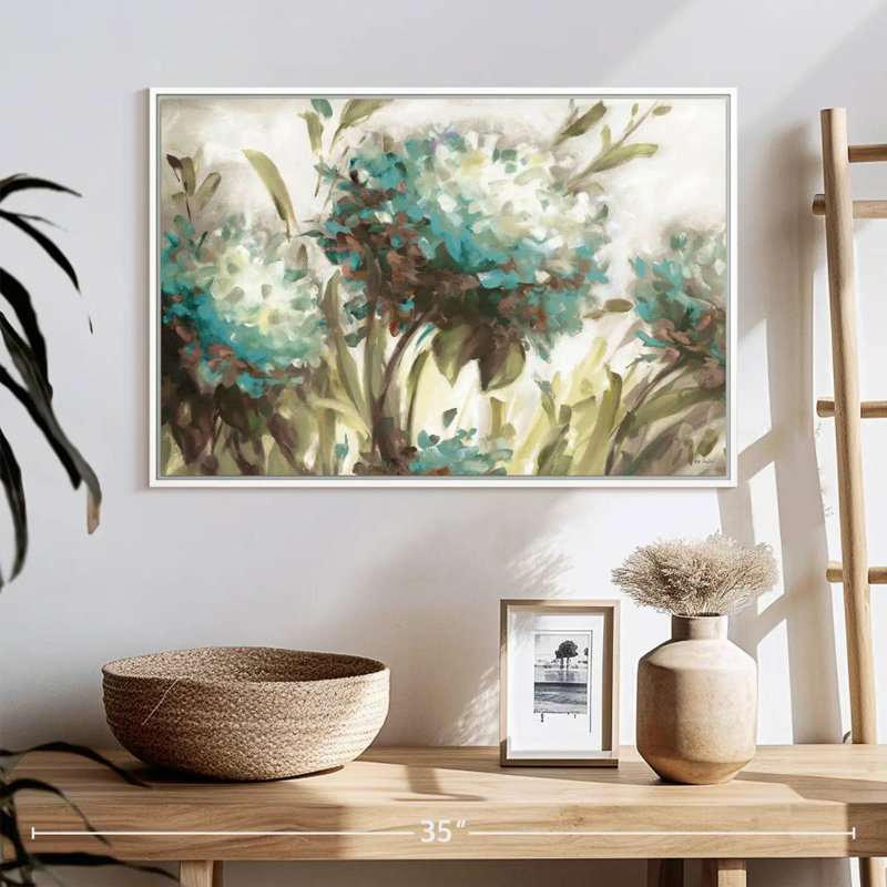 Hydrangea Field Neutral, Floating Frame White, 25" X 17"