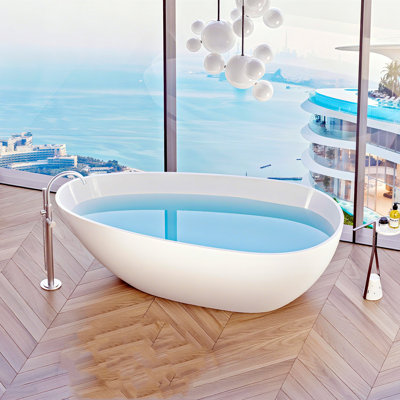 59 Inch Freestanding Solid Surface Bathtub, Handmade Stone Resin Freestanding Soaking Bathtub, Bright White