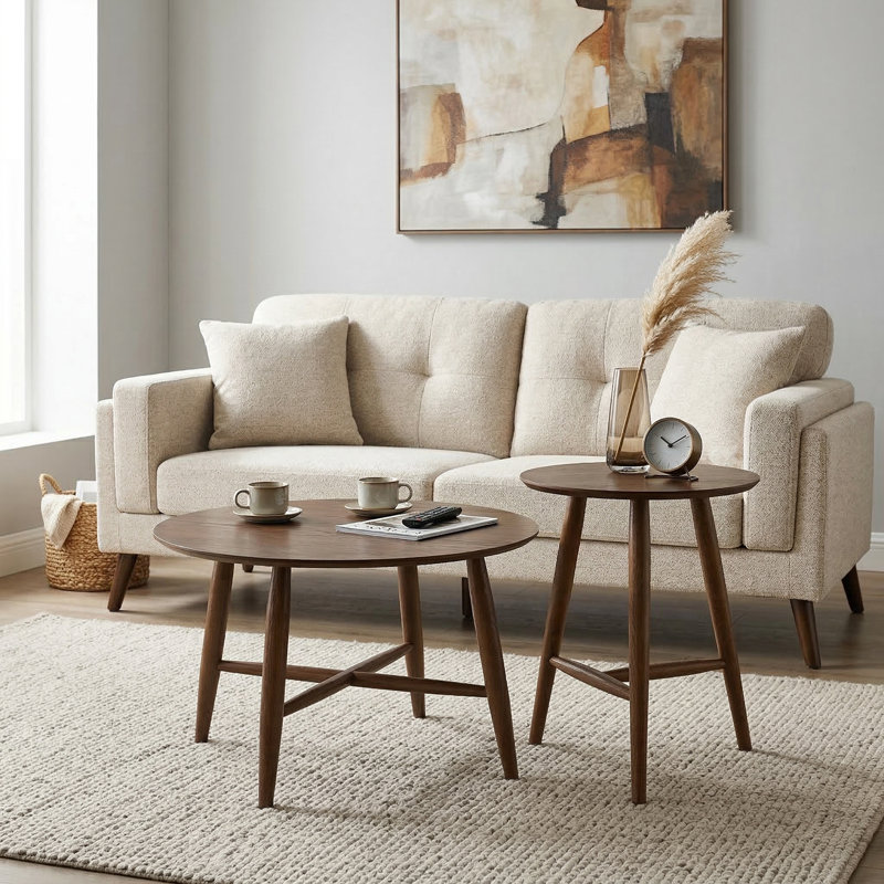 Sander Round Wooden Coffee Table Set, Walnut