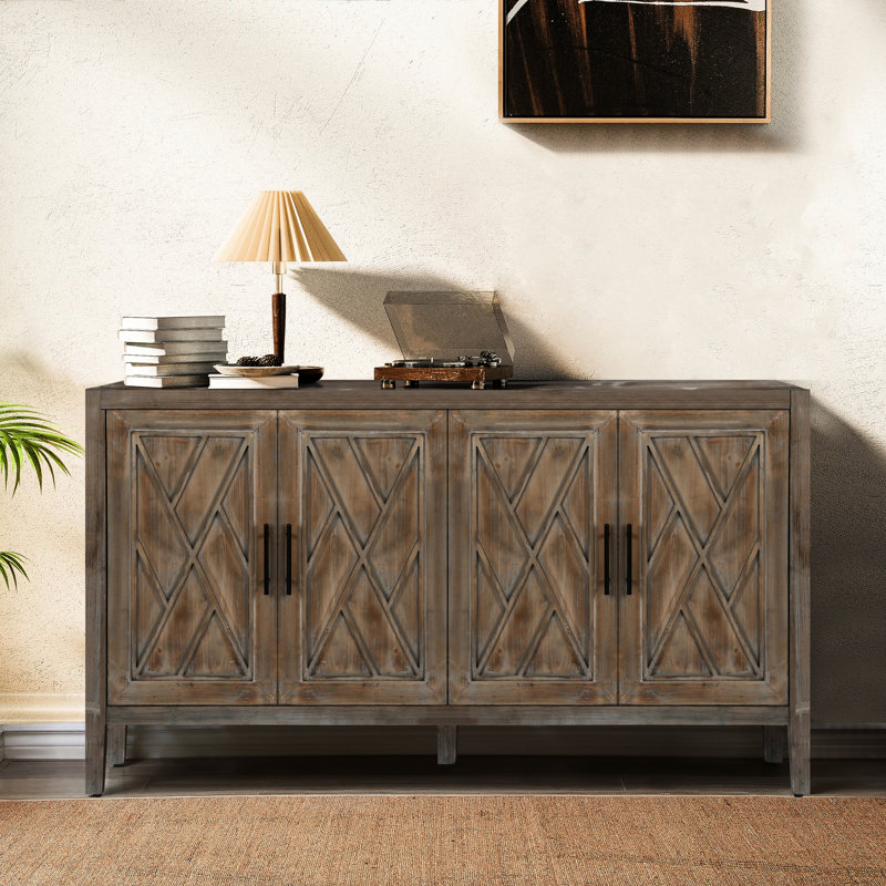 Console 60 pouces avec 4 portes - Buffet brun antique pour salon d'entrée et tablette réglable